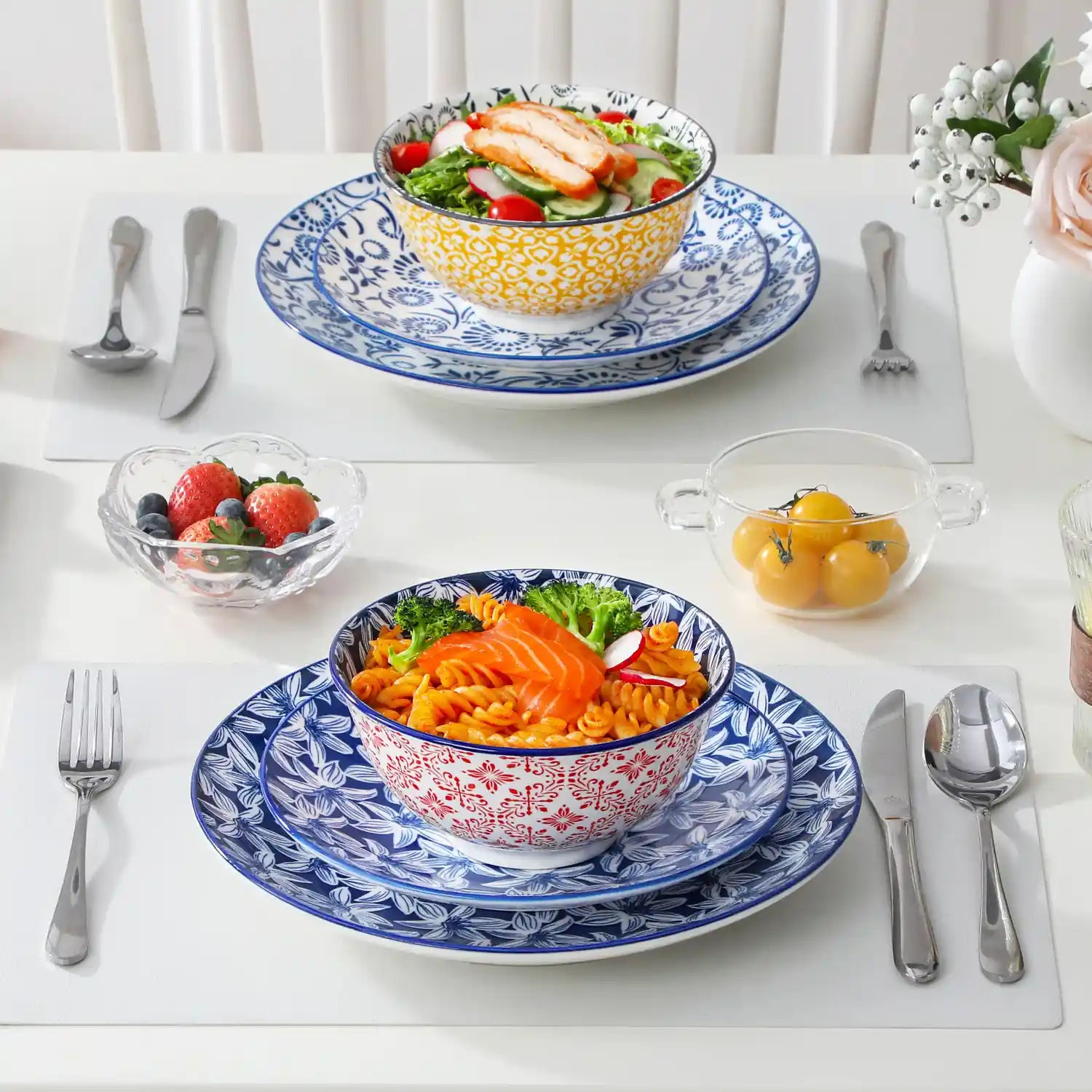 Selene porcelain vibrant 24oz cereal bowls set of 6 colorful floral geometric lifestyle serving scene