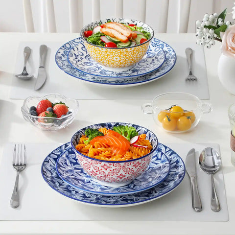 Selene porcelain vibrant 24oz cereal bowls set of 6 colorful floral geometric lifestyle serving scene