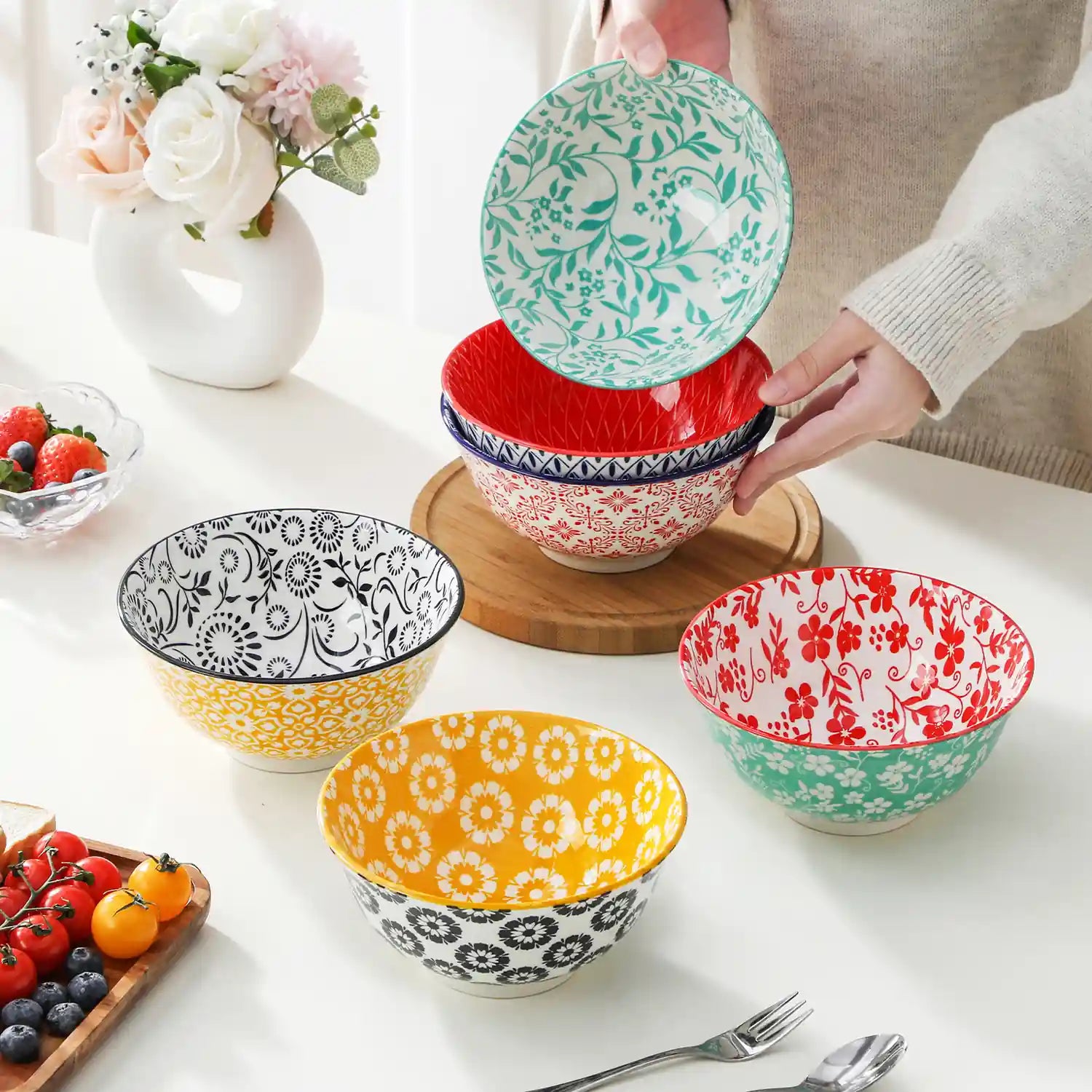 Selene porcelain vibrant 24oz cereal bowls set of 6 colorful floral geometric lifestyle serving scene