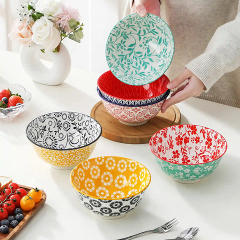Selene porcelain vibrant 24oz cereal bowls set of 6 colorful floral geometric lifestyle serving scene
