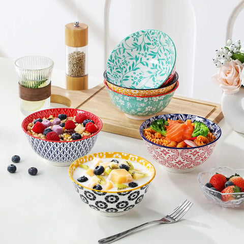 Selene porcelain vibrant 24oz cereal bowls set of 6 colorful floral geometric lifestyle serving scene