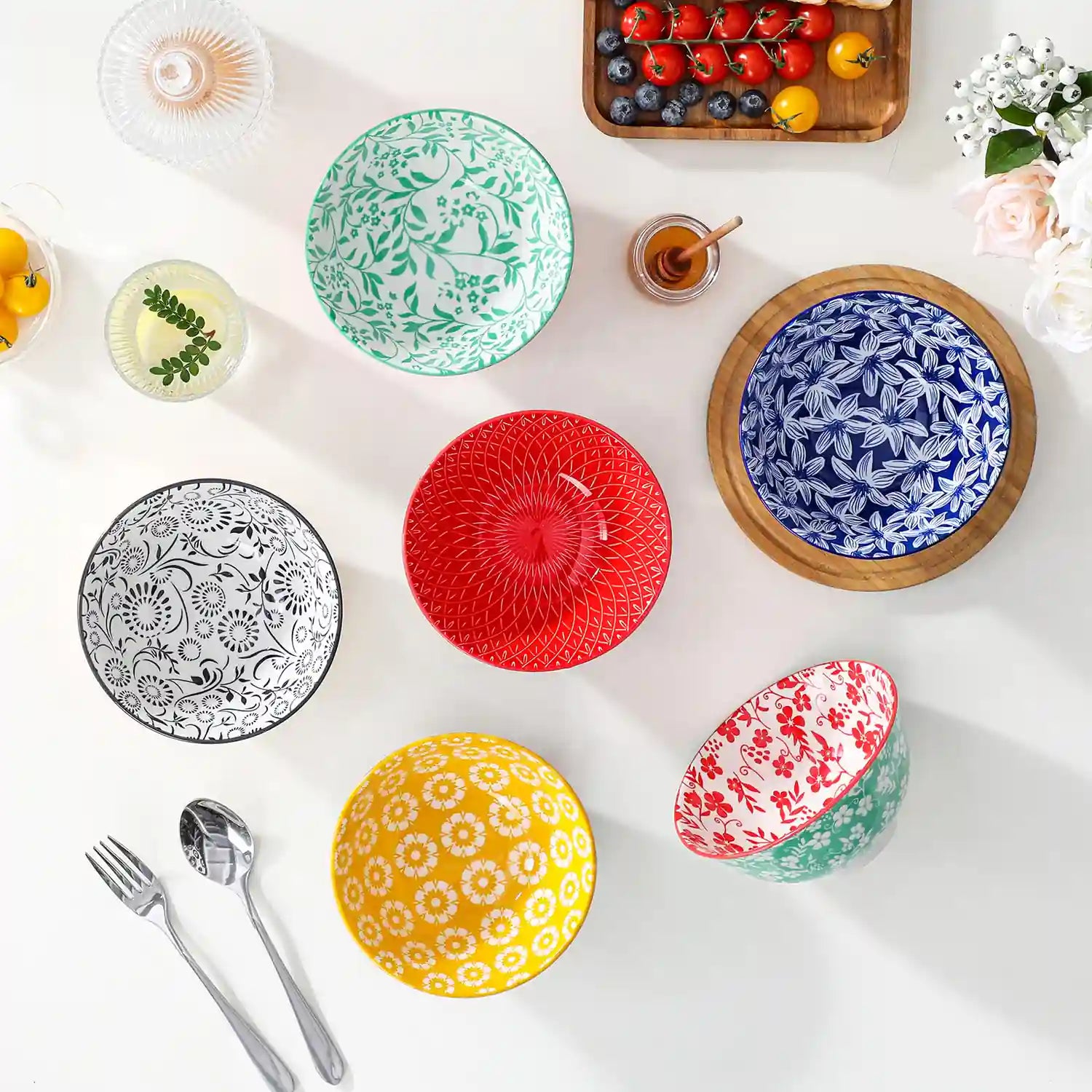 Selene porcelain vibrant 24oz cereal bowls set of 6 colorful floral geometric lifestyle serving scene