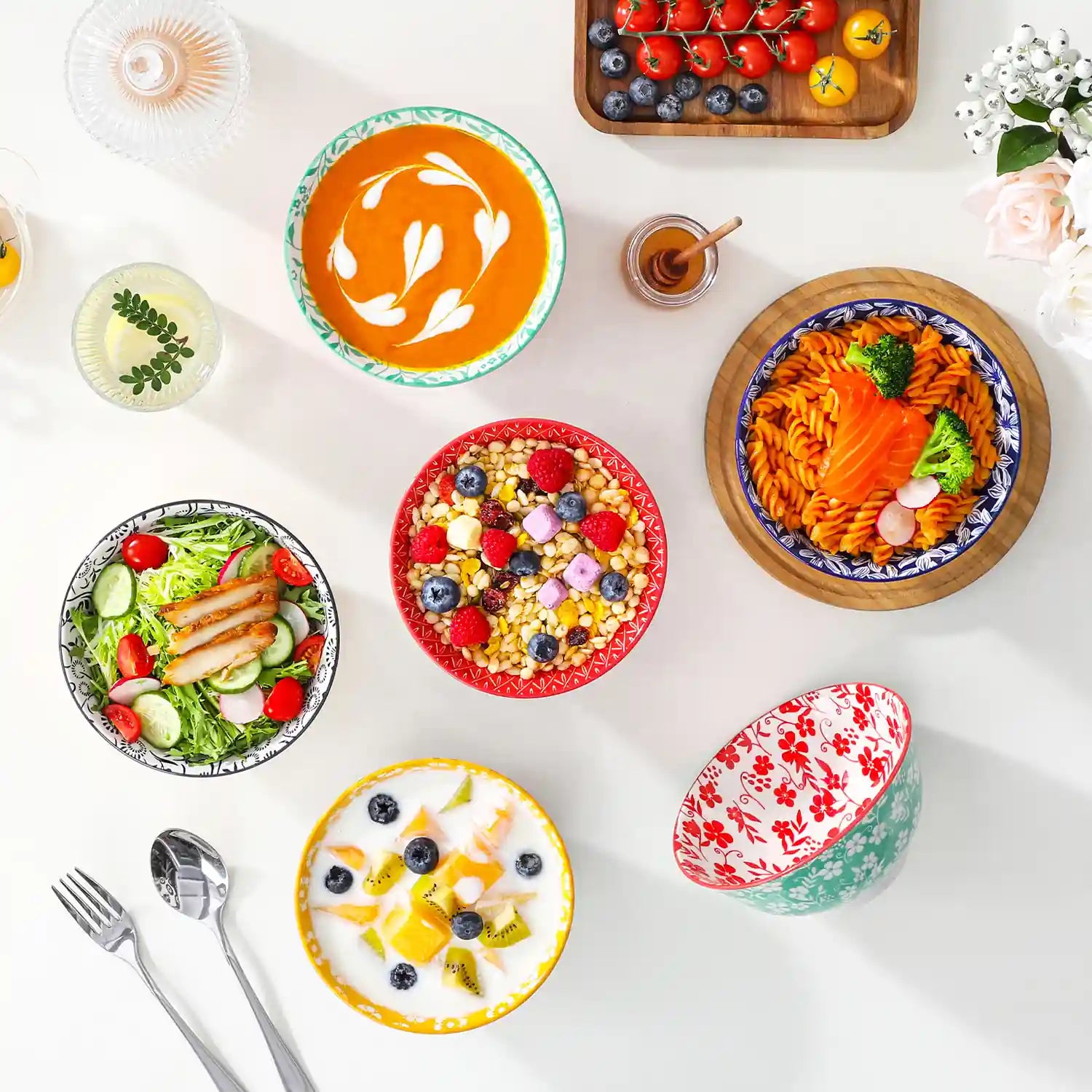 Selene porcelain vibrant 24oz cereal bowls set of 6 colorful floral geometric lifestyle serving scene
