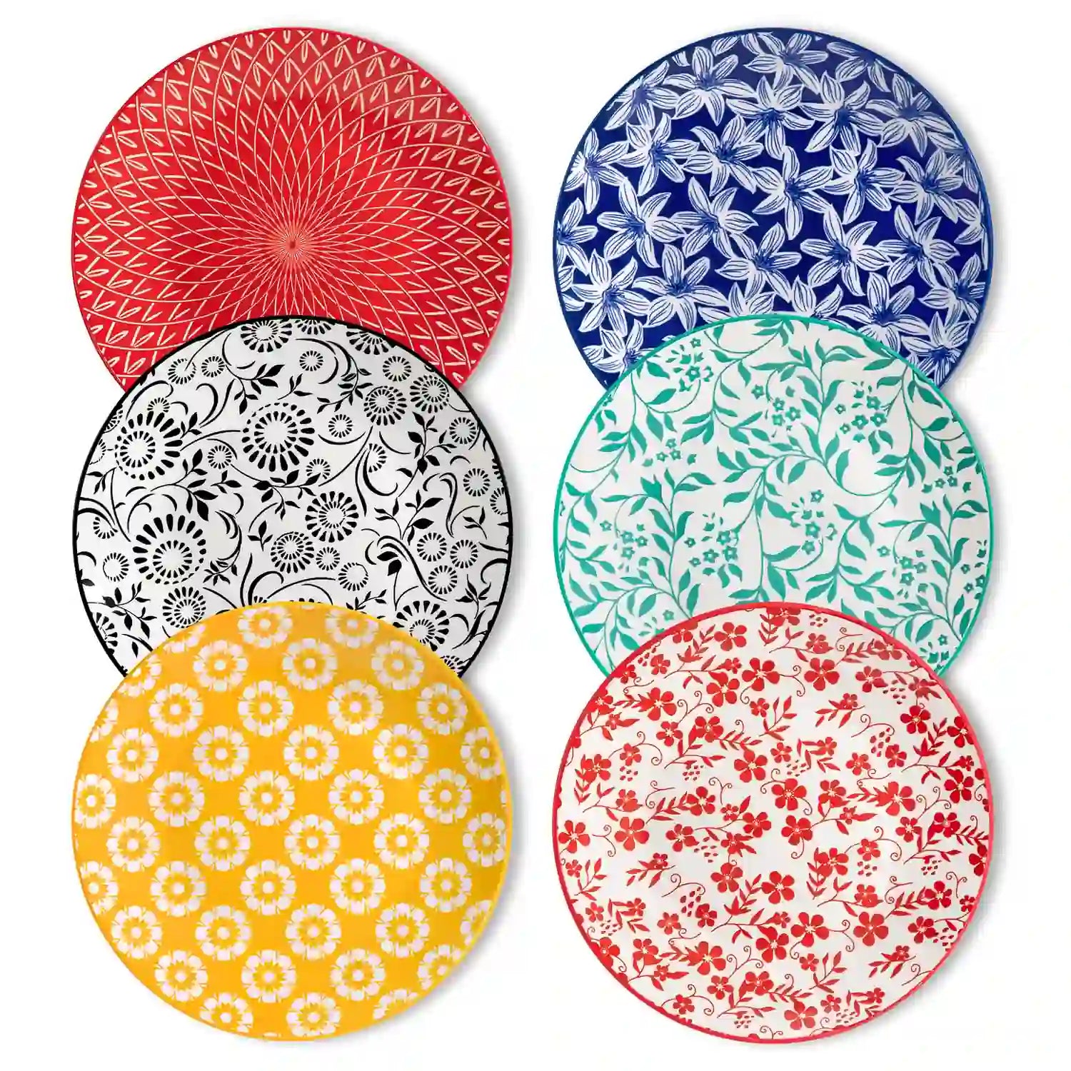 Selene porcelain vibrant salad plates set of 6 colorful floral geometric tabletop scene with cutlery