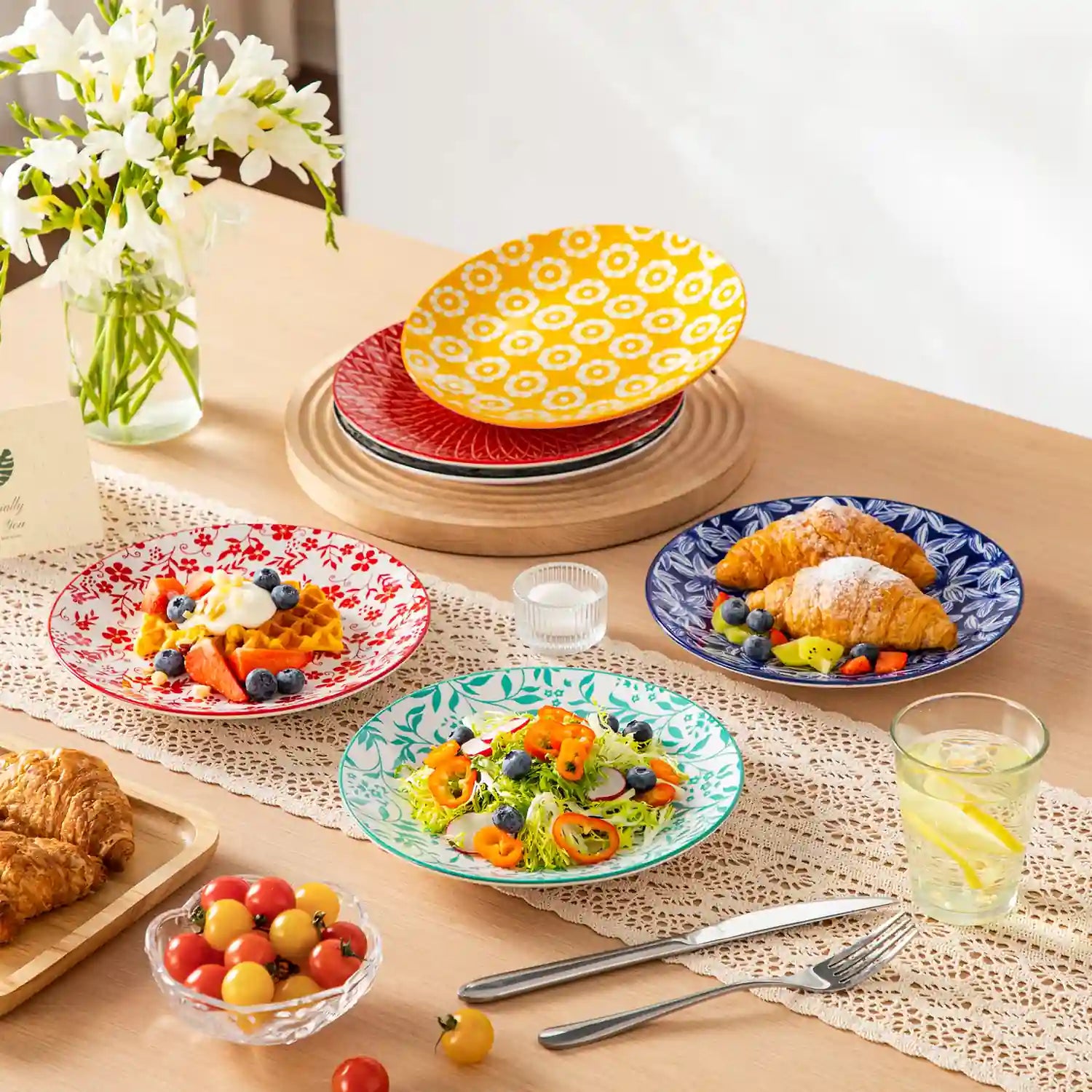Selene porcelain vibrant salad plates set of 6 colorful floral geometric tabletop scene with cutlery