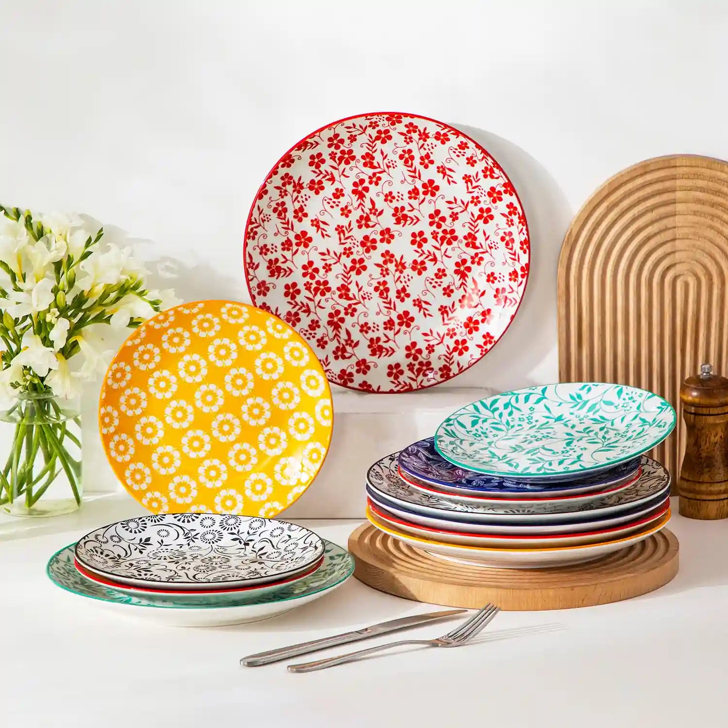 Selene porcelain vibrant salad plates set of 6 colorful floral geometric tabletop scene with cutlery