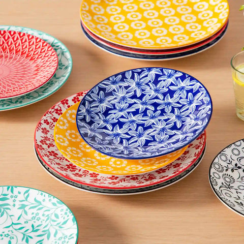 Selene porcelain vibrant salad plates set of 6 colorful floral geometric tabletop scene with cutlery