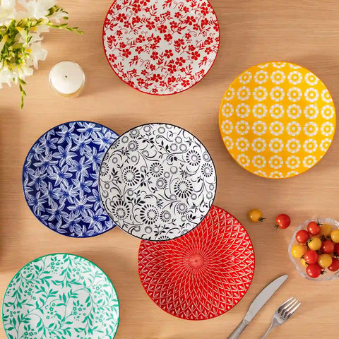 Selene porcelain vibrant salad plates set of 6 colorful floral geometric tabletop scene with cutlery