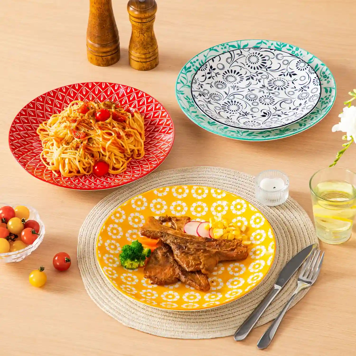 Selene porcelain vibrant salad plates set of 6 colorful floral geometric tabletop scene with cutlery