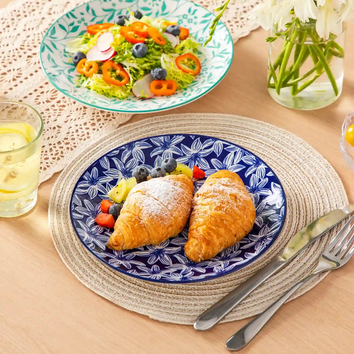 Selene porcelain vibrant salad plates set of 6 colorful floral geometric tabletop scene with cutlery