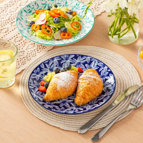 Selene porcelain vibrant salad plates set of 6 colorful floral geometric tabletop scene with cutlery