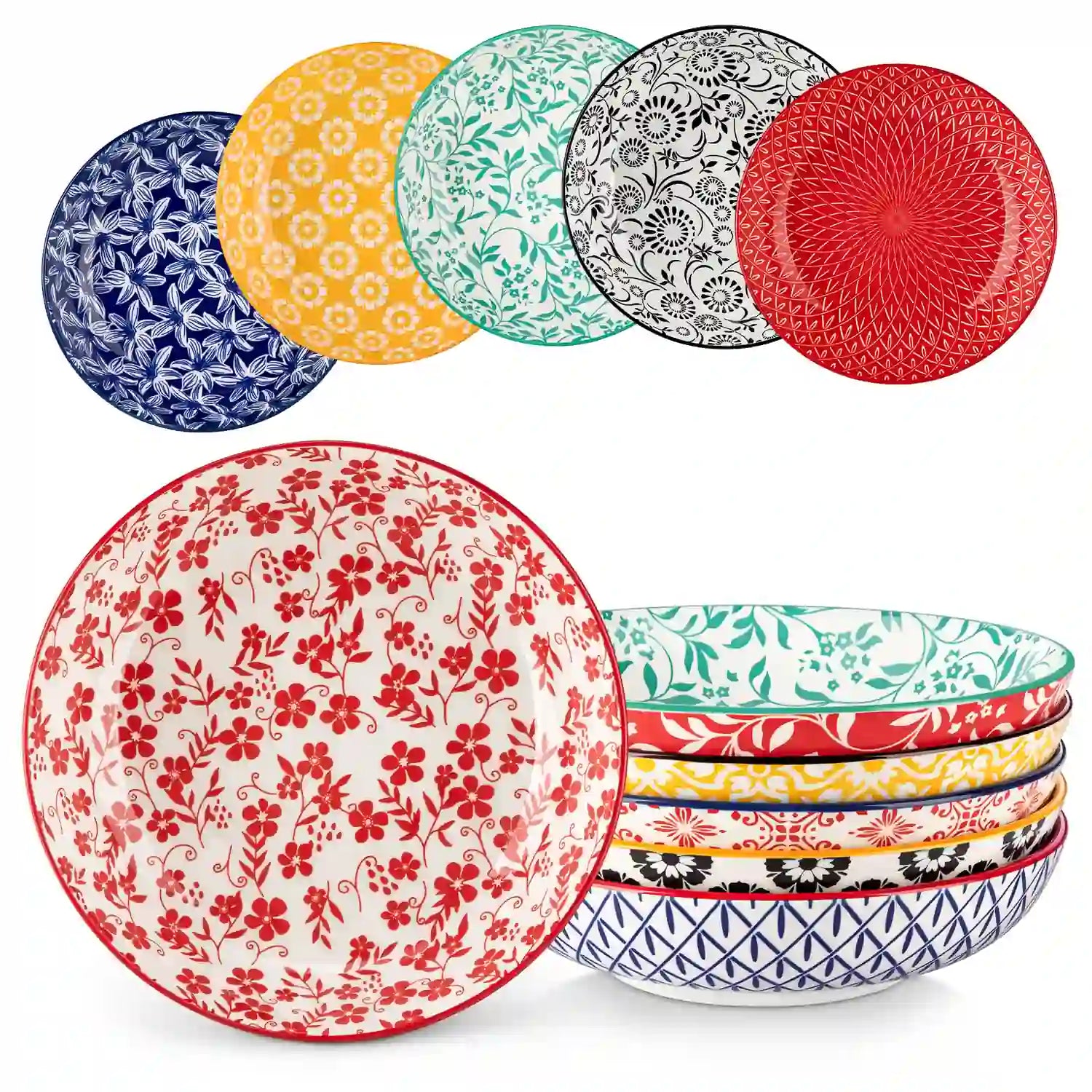 Selene porcelain vibrant pasta bowls set of 6 colorful floral geometric flat lay with breakfast food