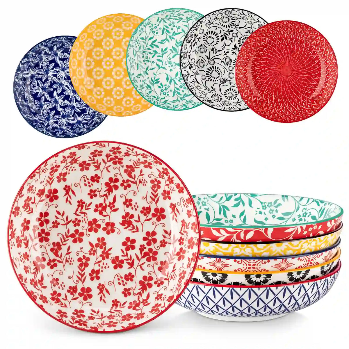 Selene porcelain vibrant pasta bowls set of 6 colorful floral geometric flat lay with breakfast food