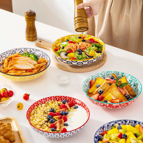 Selene porcelain vibrant pasta bowls set of 6 colorful floral geometric flat lay with breakfast food