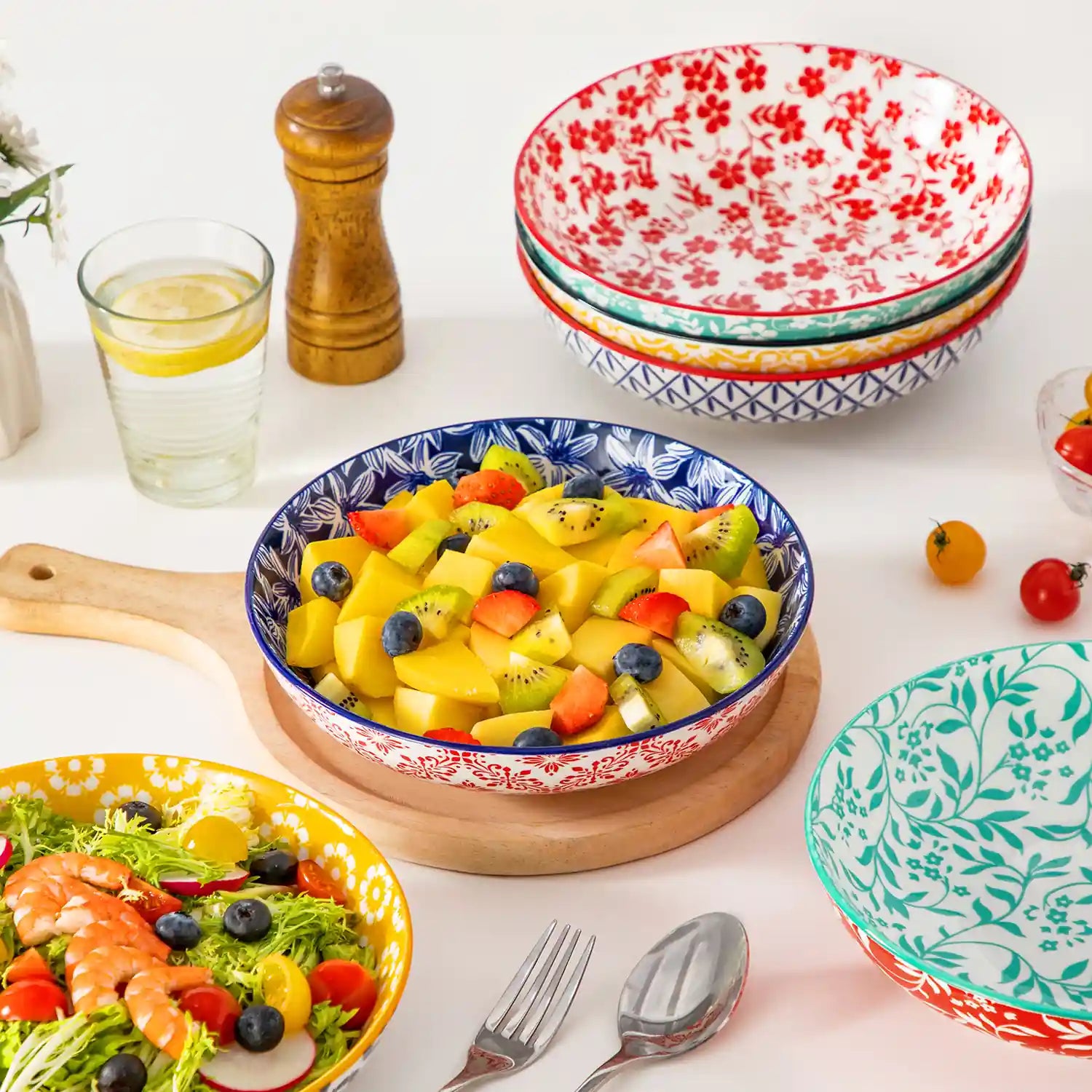 Selene porcelain vibrant pasta bowls set of 6 colorful floral geometric flat lay with breakfast food