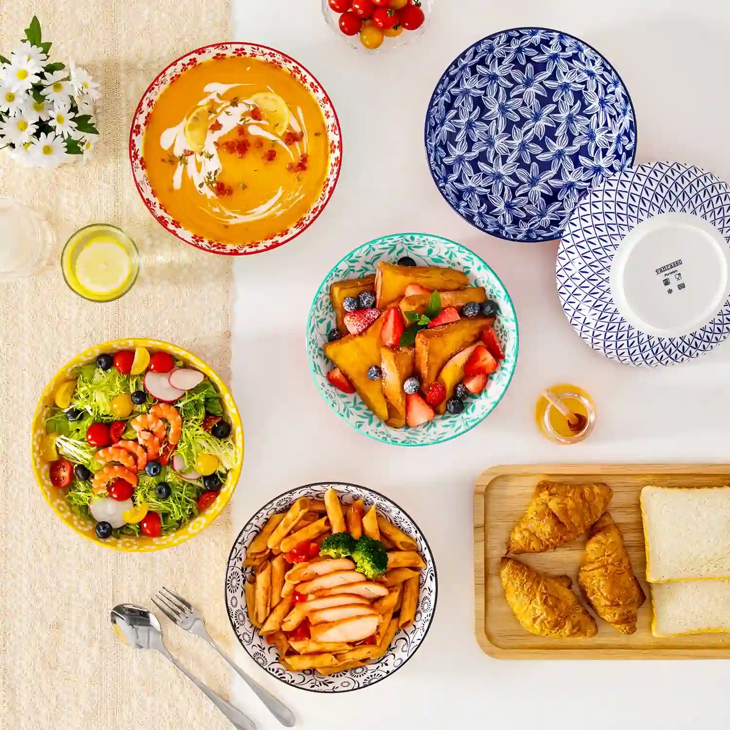 Selene porcelain vibrant pasta bowls set of 6 colorful floral geometric flat lay with breakfast food