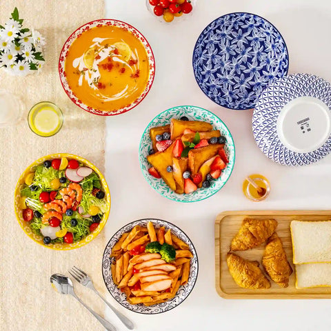 Selene porcelain vibrant pasta bowls set of 6 colorful floral geometric flat lay with breakfast food