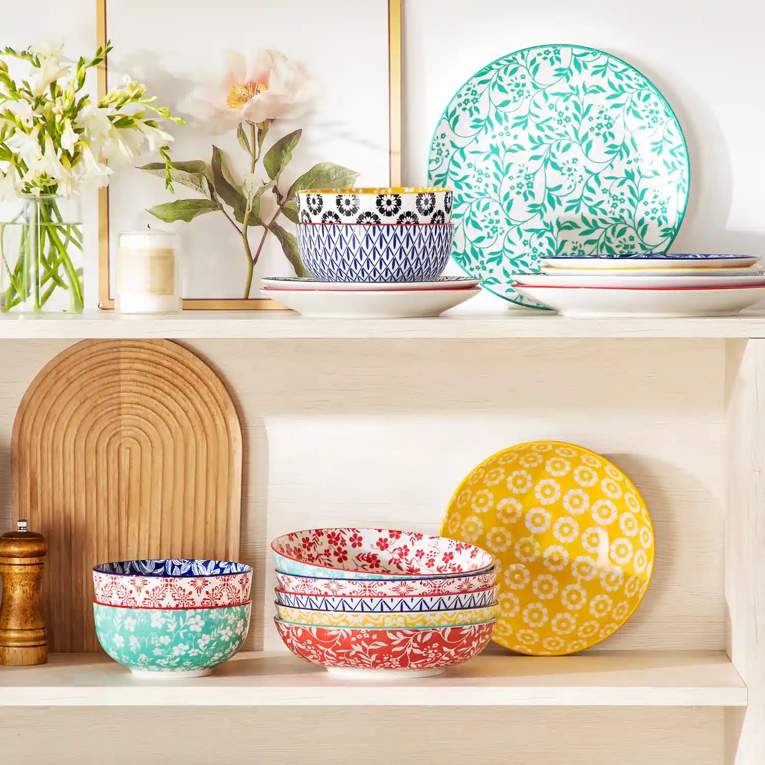 Selene porcelain vibrant pasta bowls set of 6 colorful floral geometric flat lay with breakfast food
