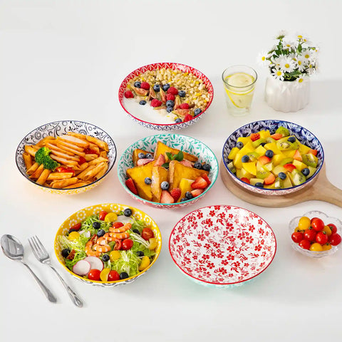 Selene porcelain vibrant pasta bowls set of 6 colorful floral geometric flat lay with breakfast food