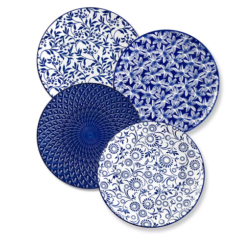 Selene porcelain dinner plates set of 4 styled with pizza and bread on woven placemat mix and match Japanese inspired table setting