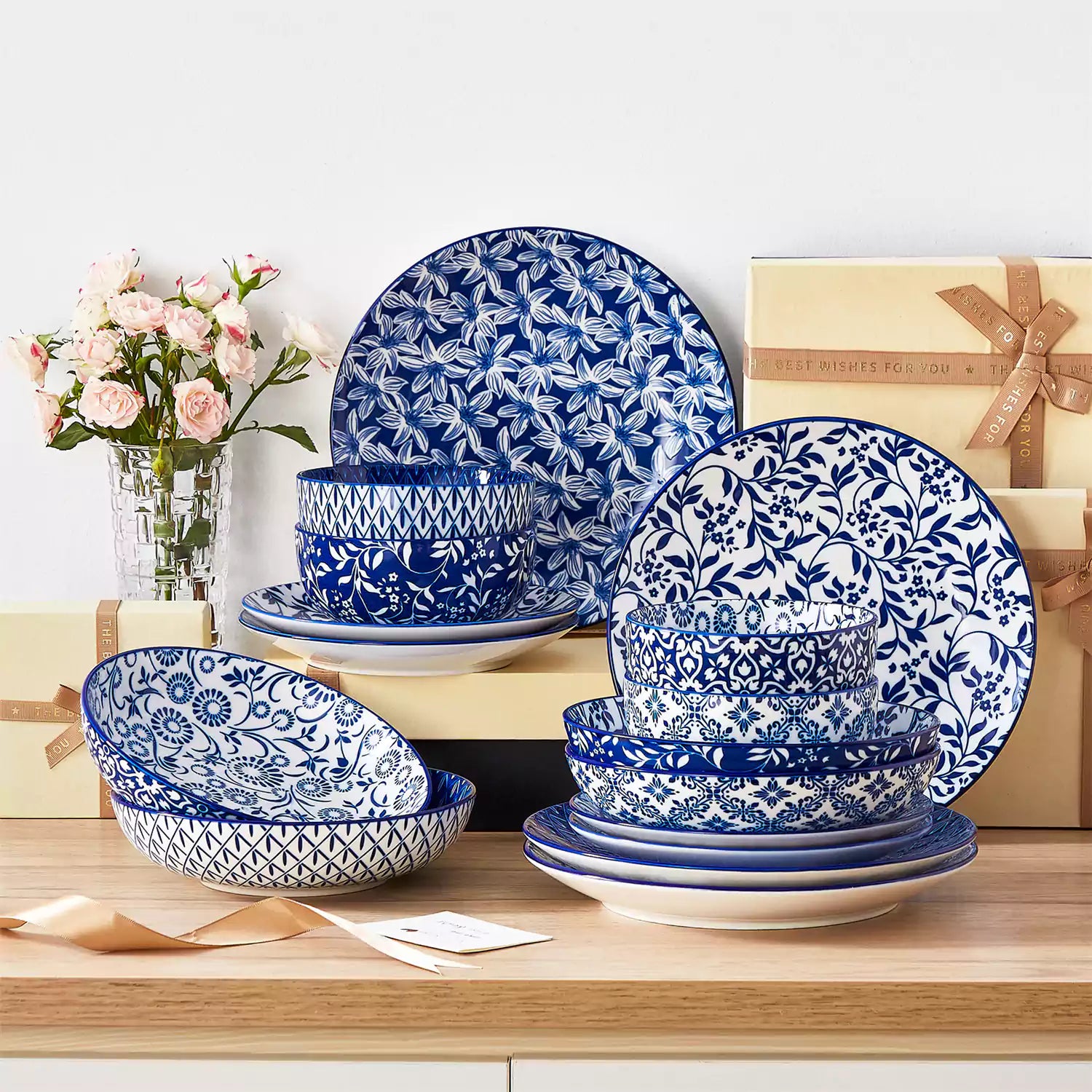 Selene 16-Piece Porcelain Dinnerware Set | Indigo Floral & Geometric ...