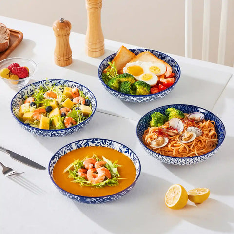 Selene porcelain indigo pasta bowls set of 4 blue white floral Japanese-inspired tabletop scene with food