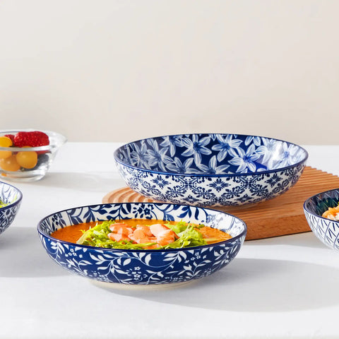 Selene porcelain indigo pasta bowls set of 4 blue white floral Japanese-inspired tabletop scene with food