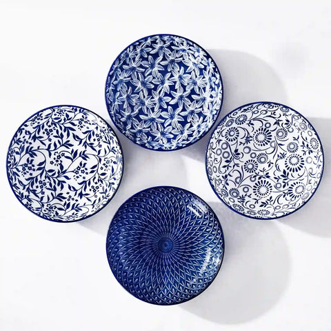 Selene porcelain indigo pasta bowls set of 4 blue white floral Japanese-inspired tabletop scene with food