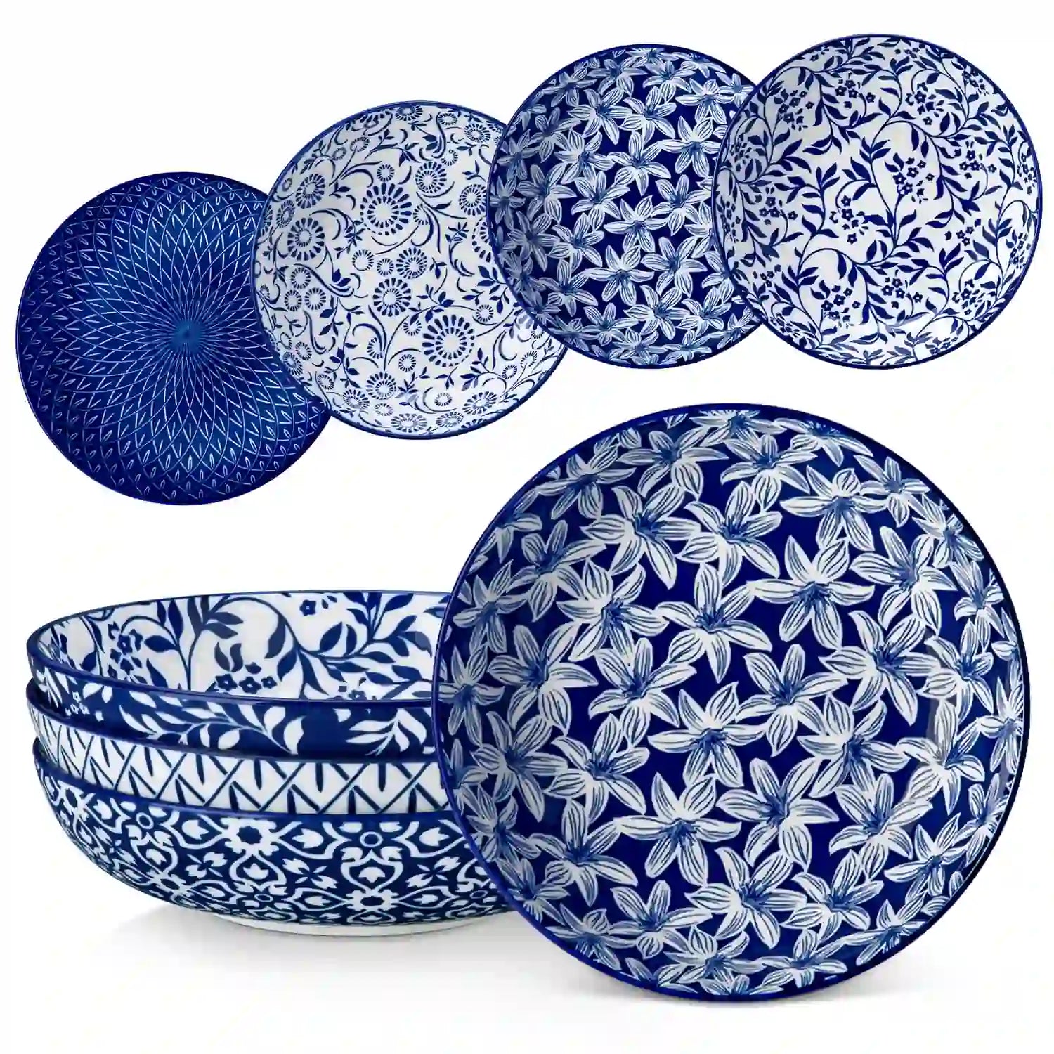 Selene porcelain indigo pasta bowls set of 4 blue white floral Japanese-inspired tabletop scene with food