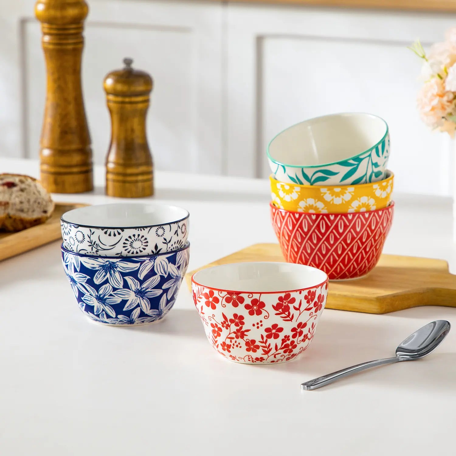 Selene porcelain vibrant dessert bowls set of 6 indigo yellow crimson floral tablescape with dinnerware accents
