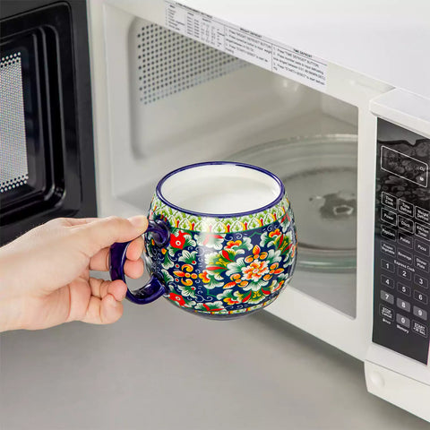 Simi deep round porcelain mugs 15oz set of 6 on cream table with coffee coffee machine beans and greenery Bohemian style-vancasso