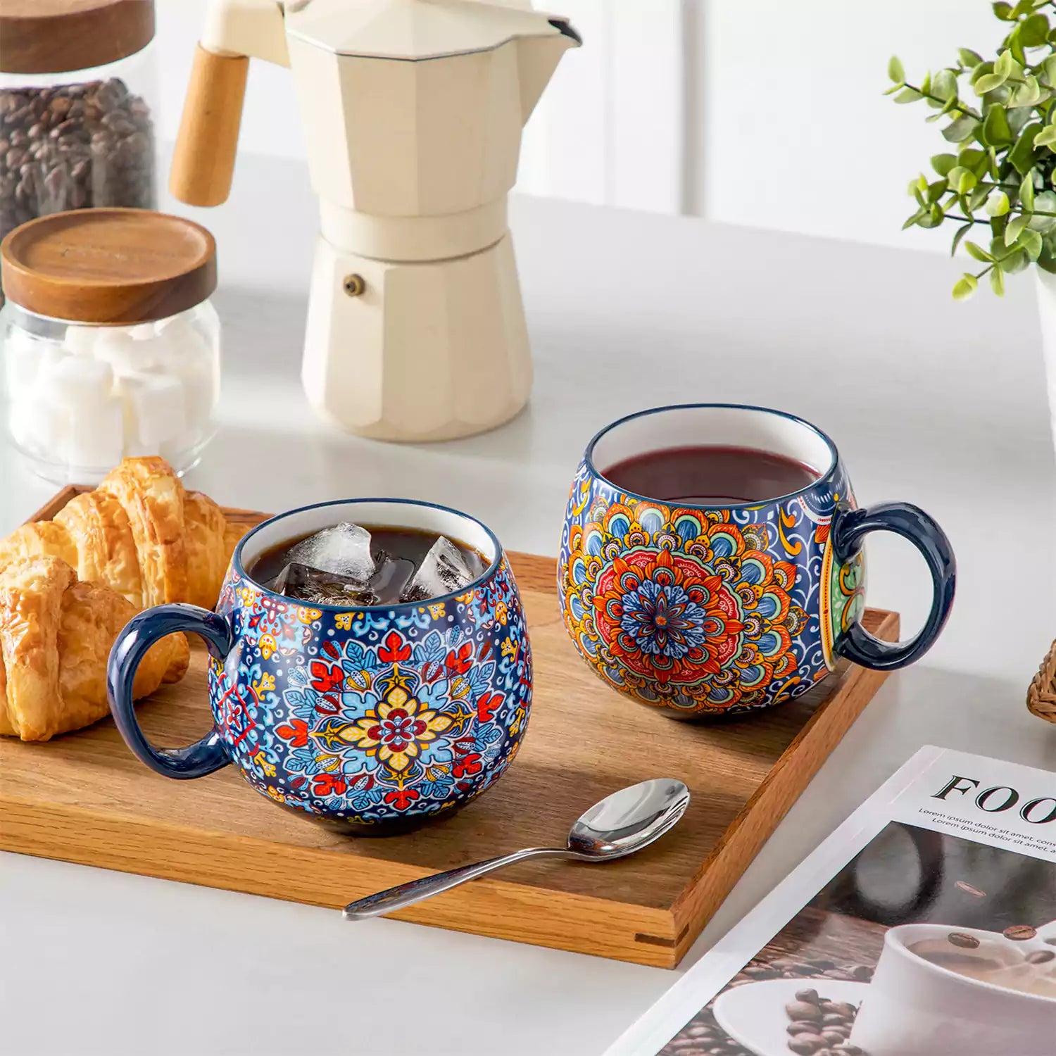 Simi deep round porcelain mugs 15oz set of 6 on cream table with coffee coffee machine beans and greenery Bohemian style-vancasso