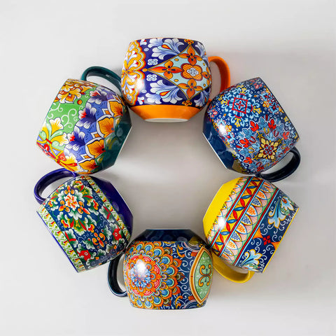 Simi deep round porcelain mugs 15oz set of 6 on cream table with coffee coffee machine beans and greenery Bohemian style-vancasso