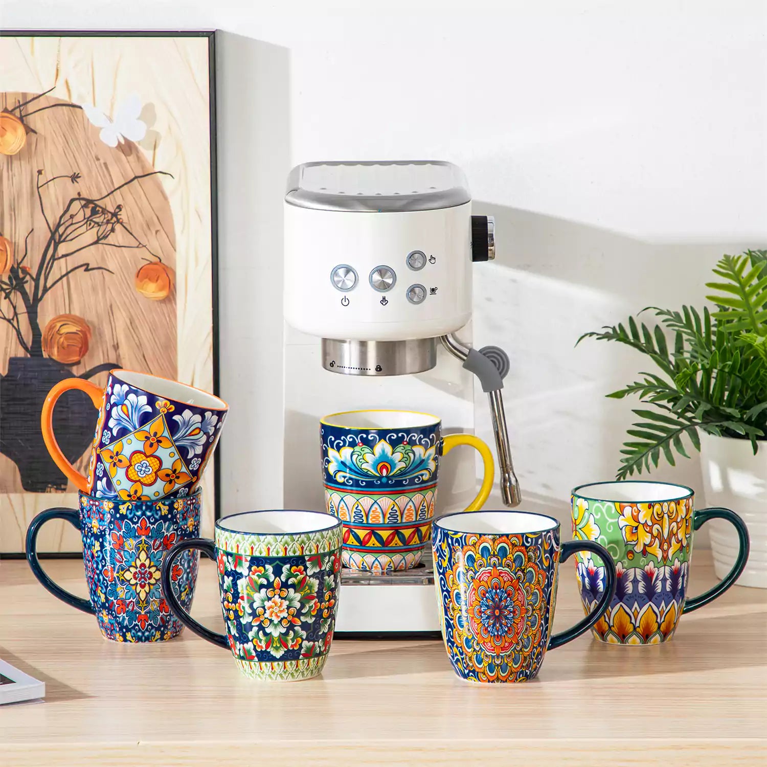 Simi 12oz boho coffee mugs set of 6 colorful ceramic cups with bohemian pattern