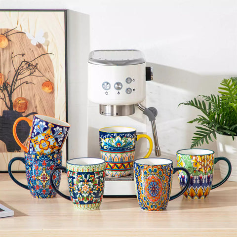 Simi 12oz boho coffee mugs set of 6 colorful ceramic cups with bohemian pattern