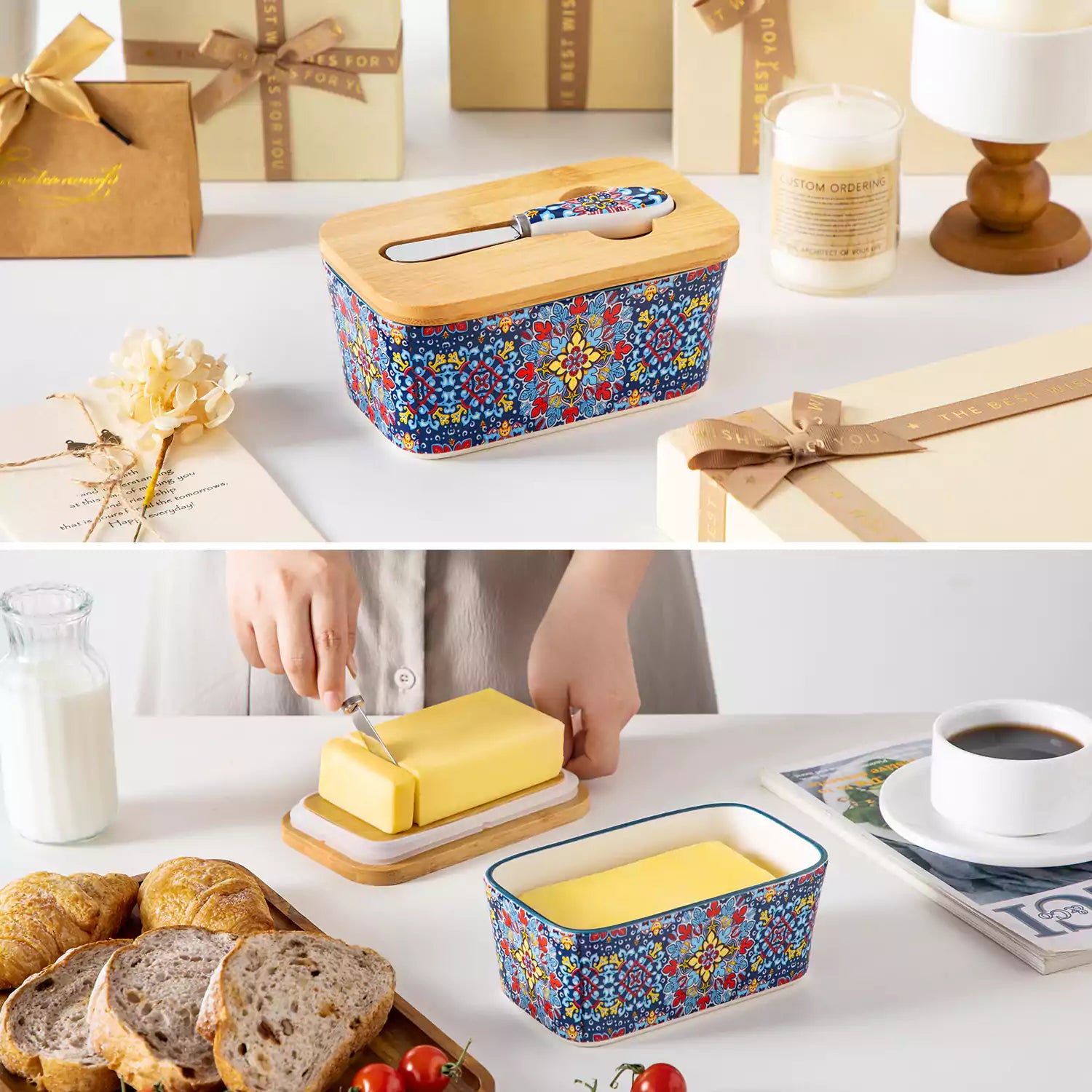 Midnight blue porcelain butter dish with wooden lid in boho chic style - perfect for a colorful breakfast table with bread and coffee-vancasso