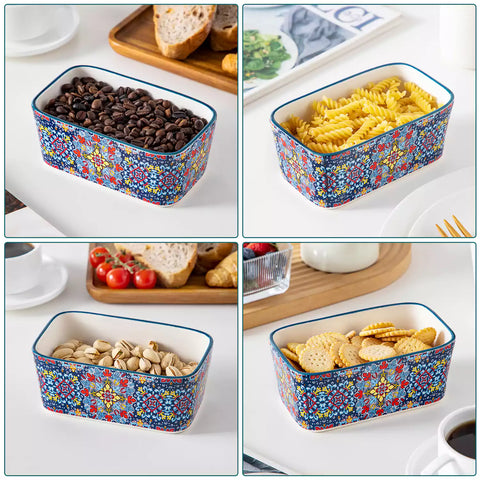 Midnight blue porcelain butter dish with wooden lid in boho chic style - perfect for a colorful breakfast table with bread and coffee-vancasso