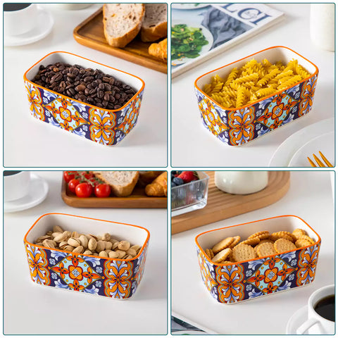 Bold orange porcelain butter dish with wooden lid in boho chic style - perfect for a colorful breakfast table with bread and coffee-vancasso