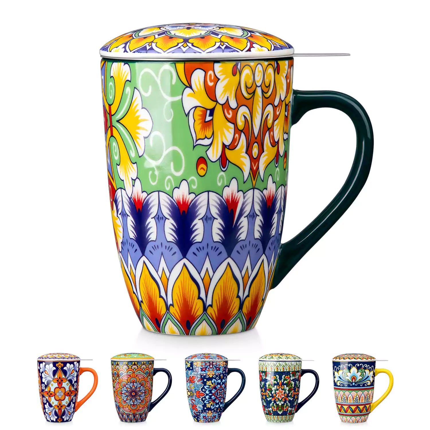 Simi tea mug with infuser and lid colorful hunter green boho chic ceramic coffee cup with spoon and loose tea leaves on white background 