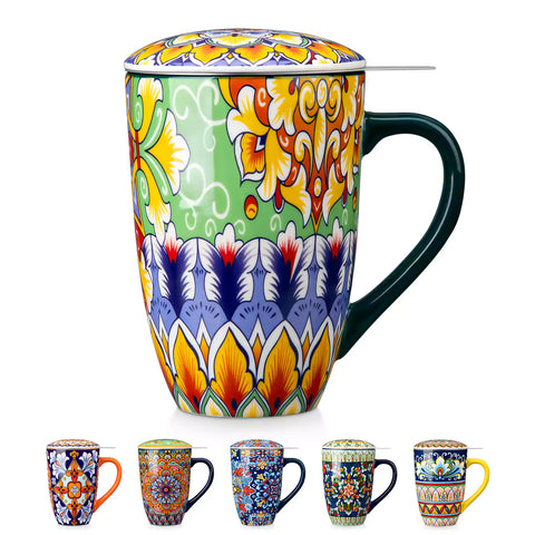 Simi tea mug with infuser and lid colorful hunter green boho chic ceramic coffee cup with spoon and loose tea leaves on white background 