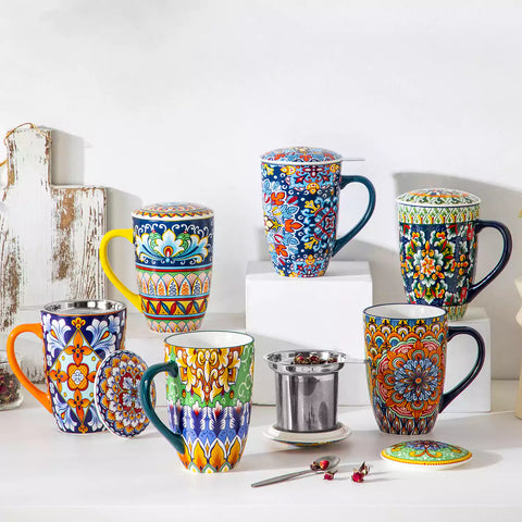 Simi tea mug with infuser and lid colorful hunter green boho chic ceramic coffee cup with spoon and loose tea leaves on white background 