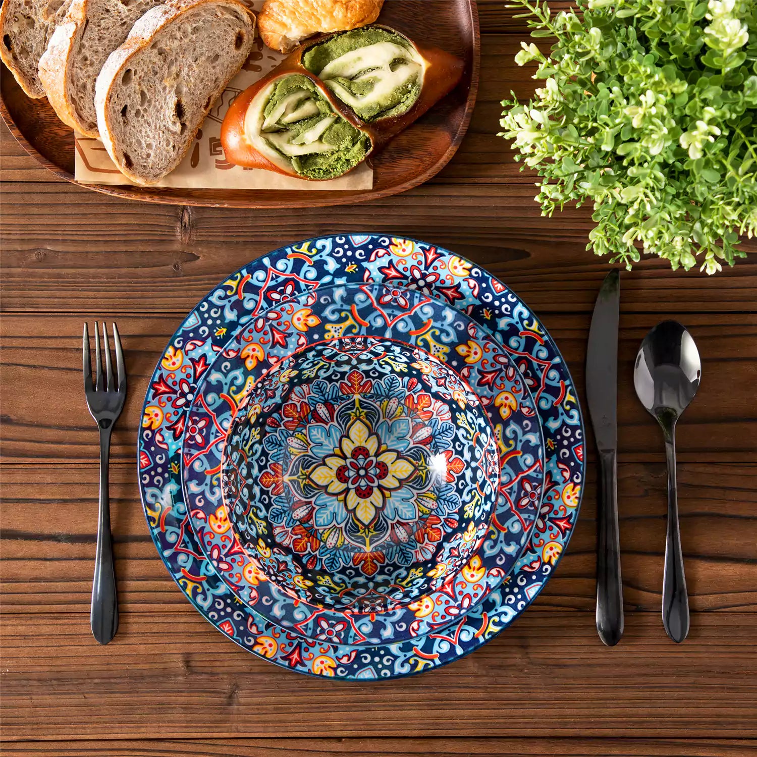 Simi 12 Piece Porcelain Dinnerware Set with Single-Side Boho Print