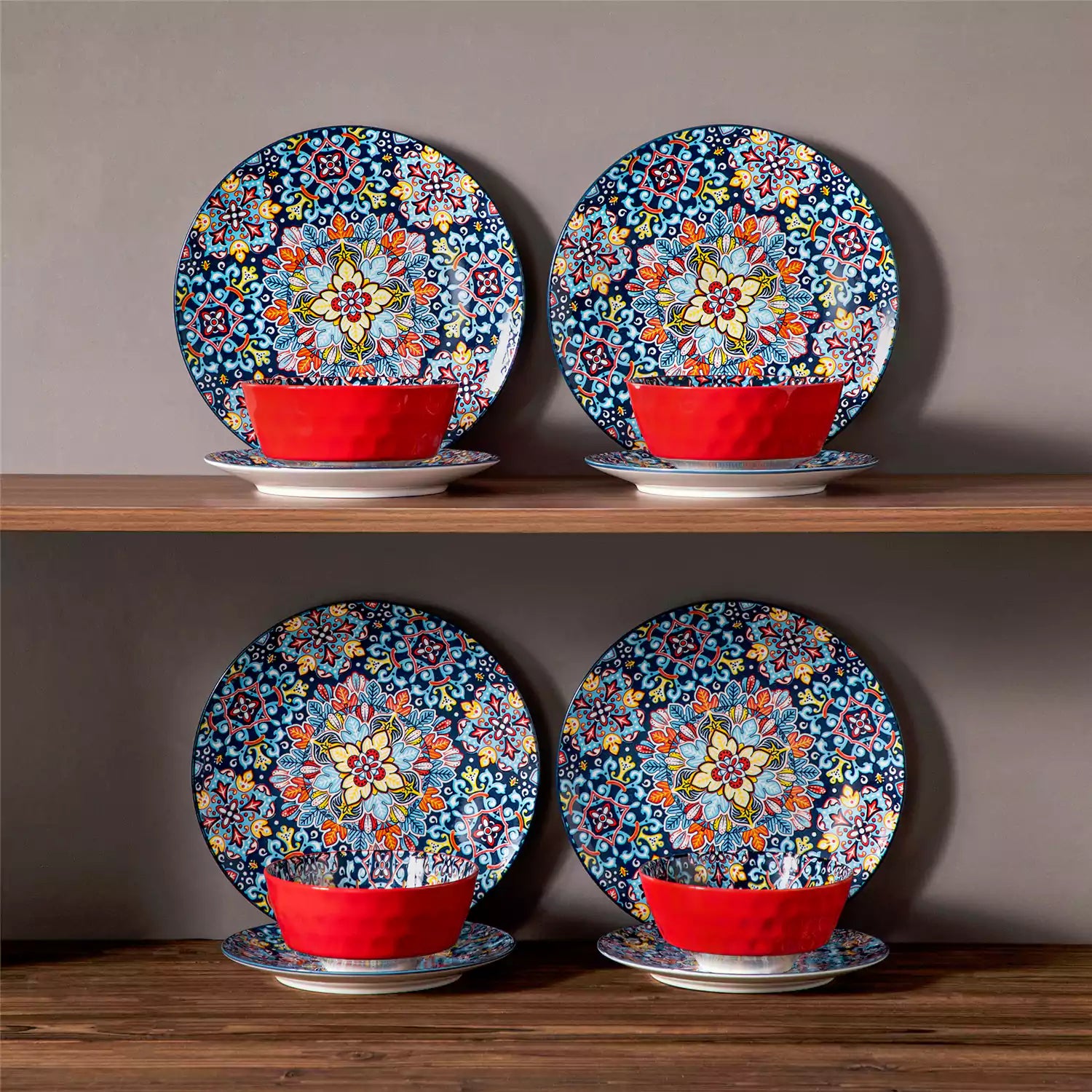 Simi 12 Piece Porcelain Dinnerware Set with Single-Side Boho Print