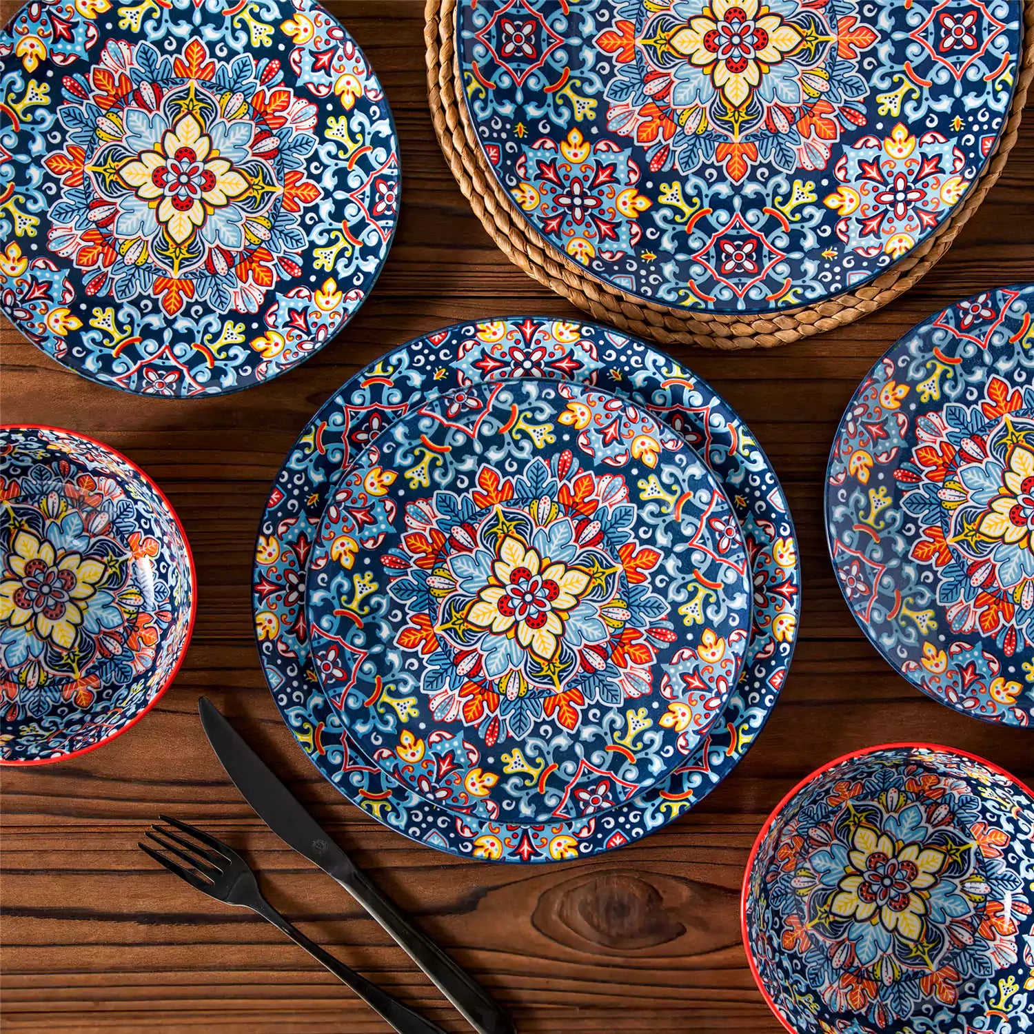 Simi 12 Piece Porcelain Dinnerware Set with Single-Side Boho Print