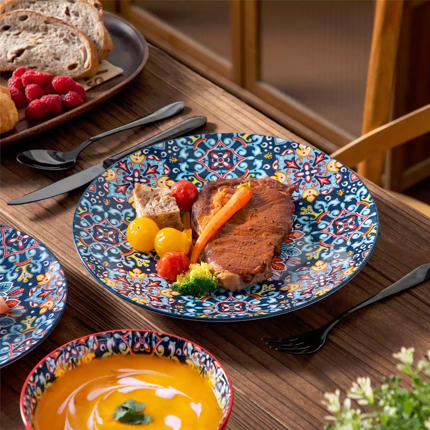 Simi 12 Piece Porcelain Dinnerware Set with Single-Side Boho Print