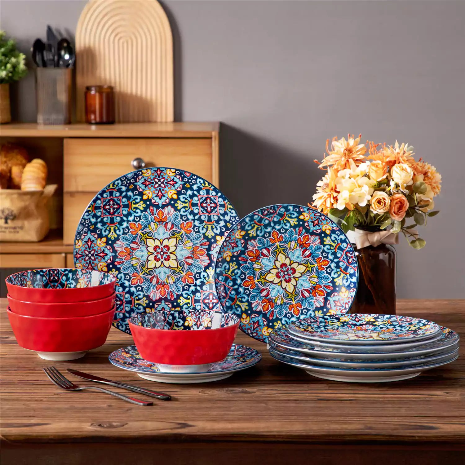 Simi 12 Piece Porcelain Dinnerware Set with Single-Side Boho Print