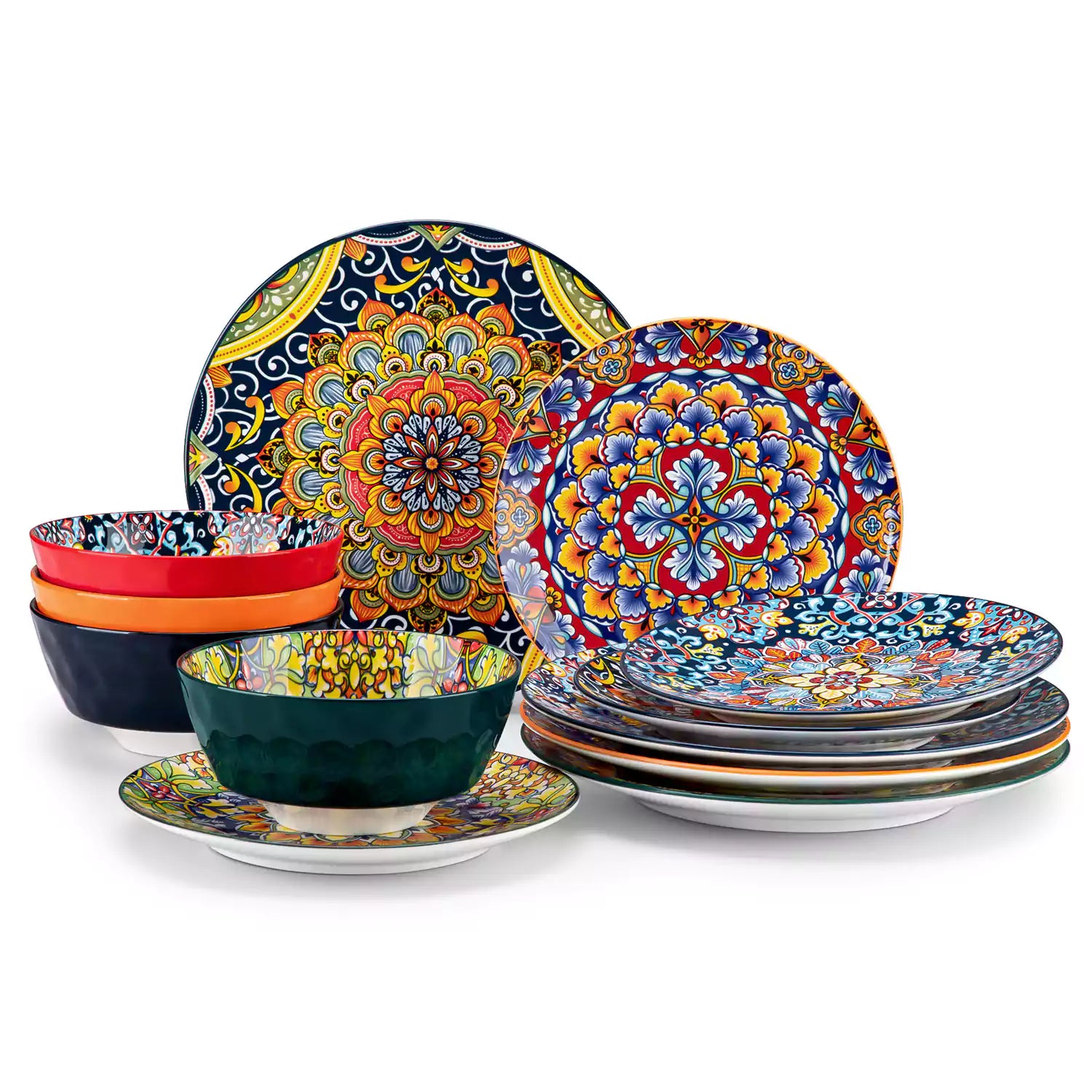 Simi 12 Piece Porcelain Dinnerware Set with Single-Side Boho Print