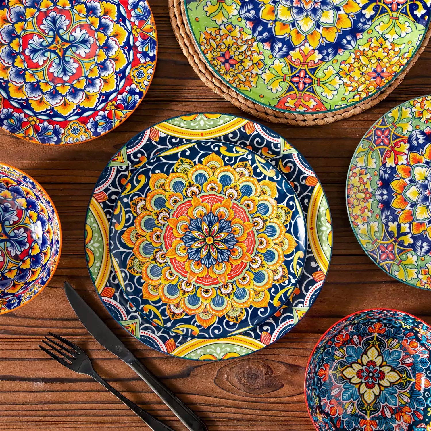 Simi 12 Piece Porcelain Dinnerware Set with Single-Side Boho Print