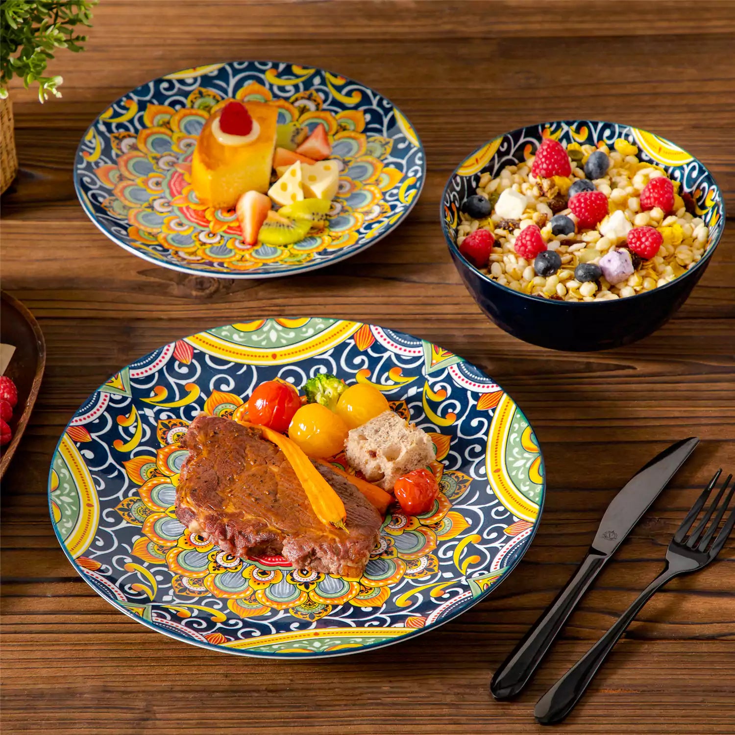 Simi 12 Piece Porcelain Dinnerware Set with Single-Side Boho Print
