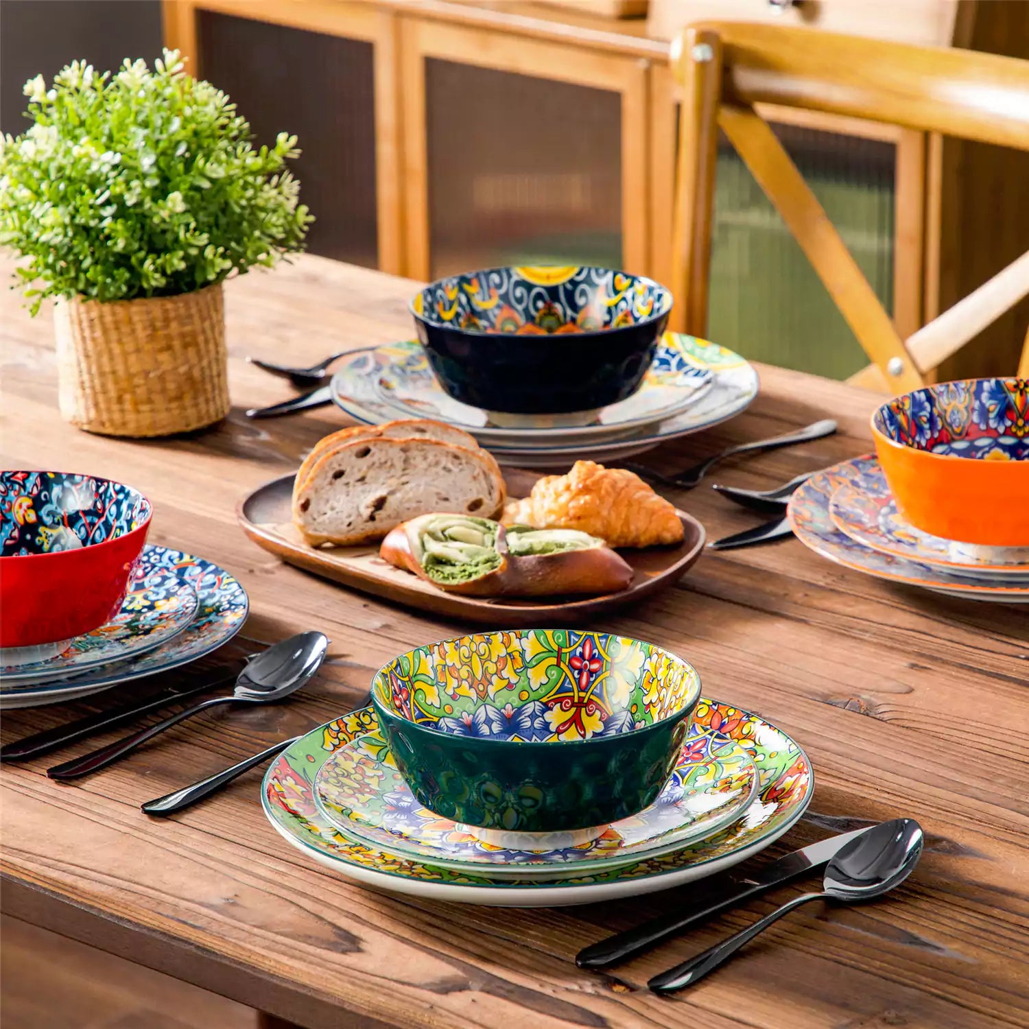 Simi 12 Piece Porcelain Dinnerware Set with Single-Side Boho Print